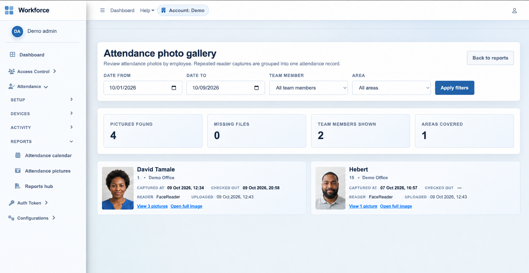 Attendance photo gallery with employee names, IDs and grouped capture records
