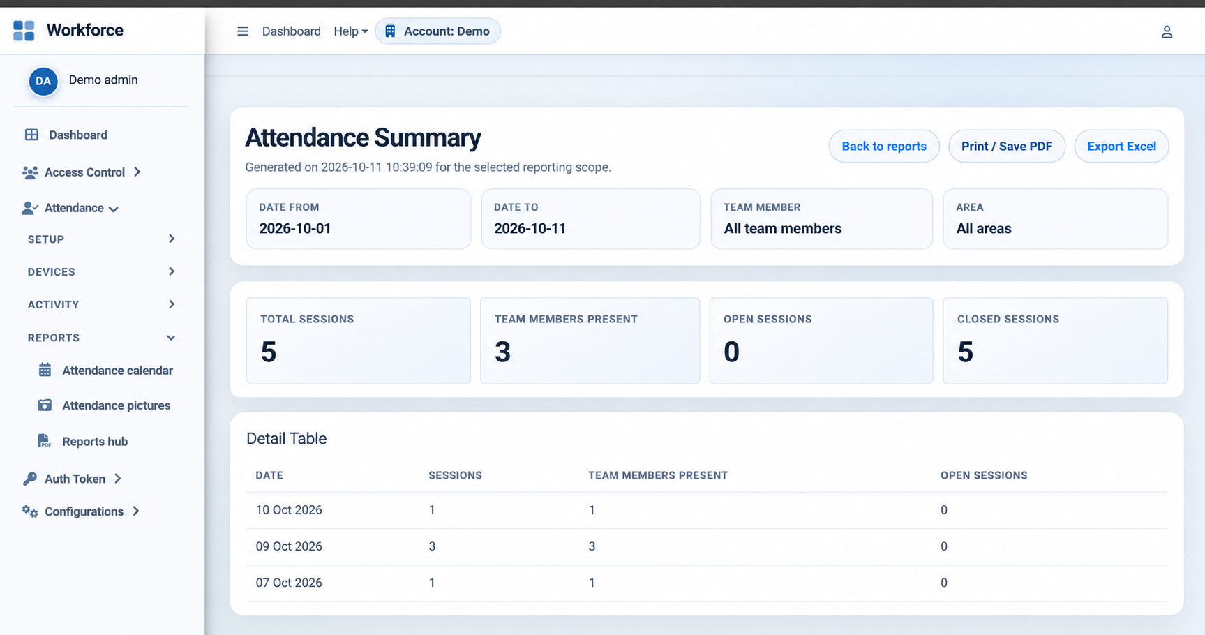 Attendance Summary report with reporting scope, session totals, daily detail table and PDF and Excel export buttons