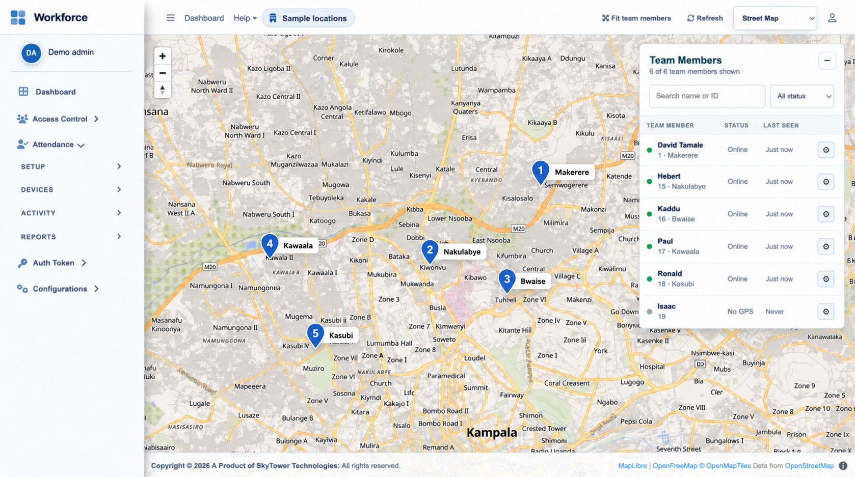 Workforce team map with employee location pins around Kampala